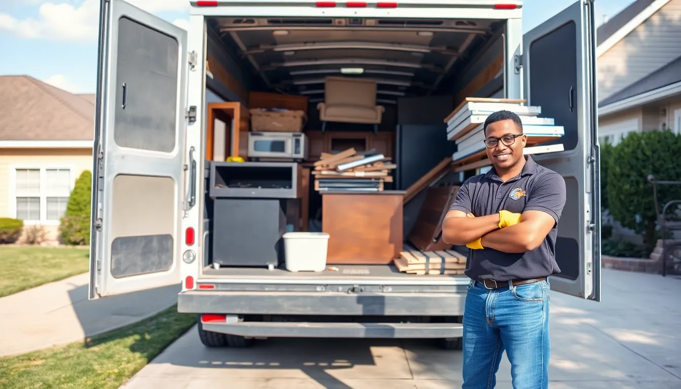a junk hauler next to a truck full of removed items.